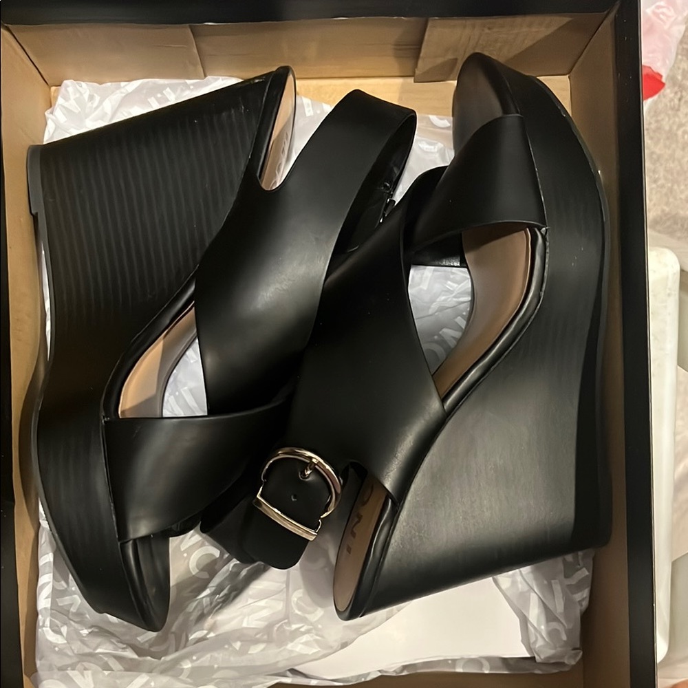 INC International Concepts Black Wedge Sandals